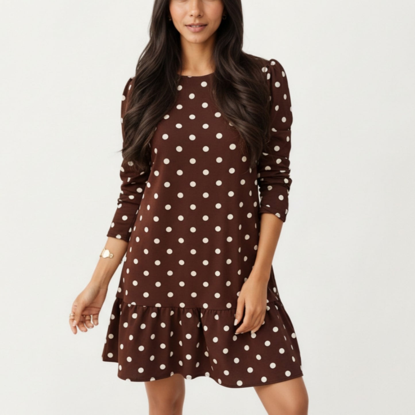 Long Sleeve Polka Dot Mini Dress with Round Neckline and Ruffled Hem Detail