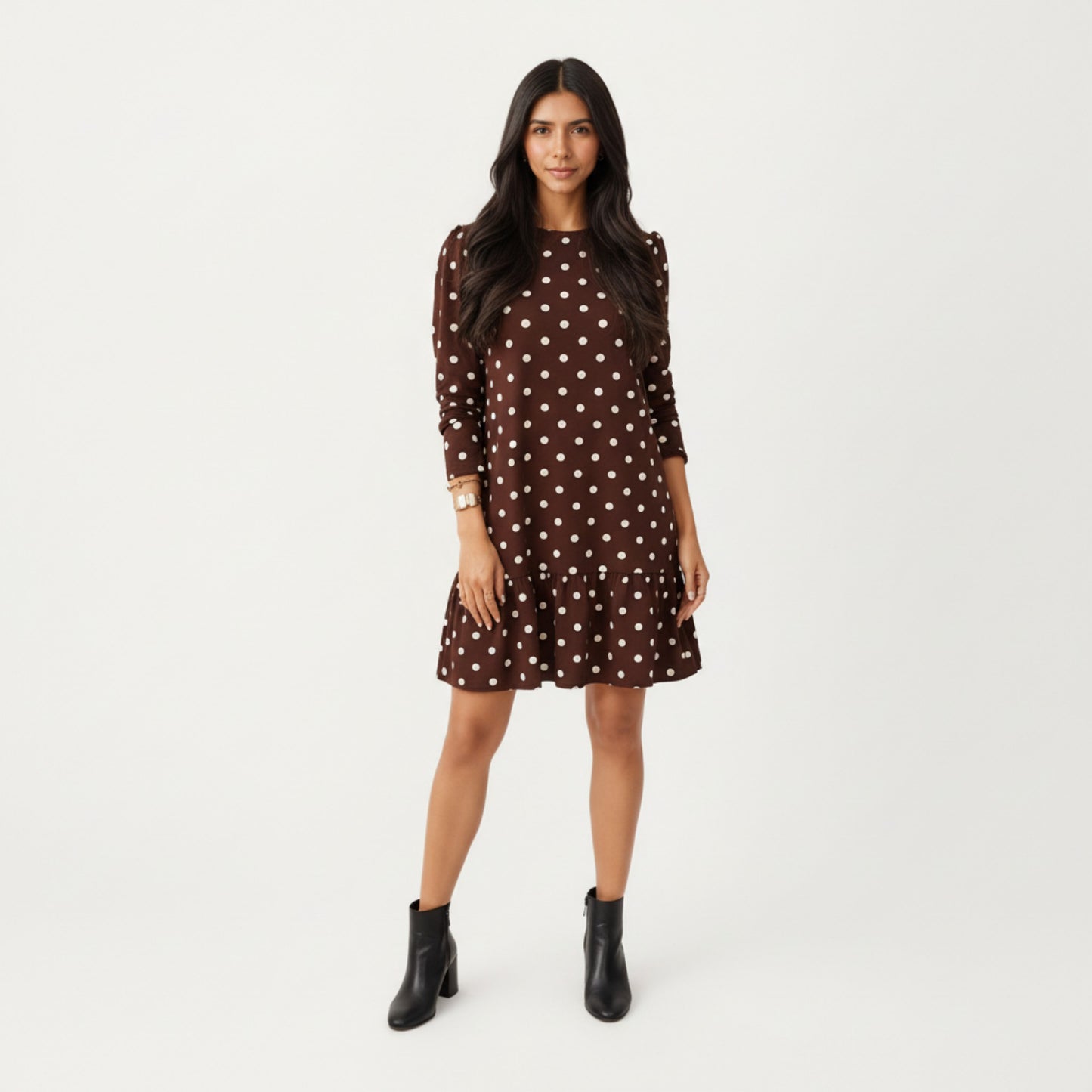 Long Sleeve Polka Dot Mini Dress with Round Neckline and Ruffled Hem Detail