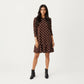 Long Sleeve Polka Dot Mini Dress with Round Neckline and Ruffled Hem Detail