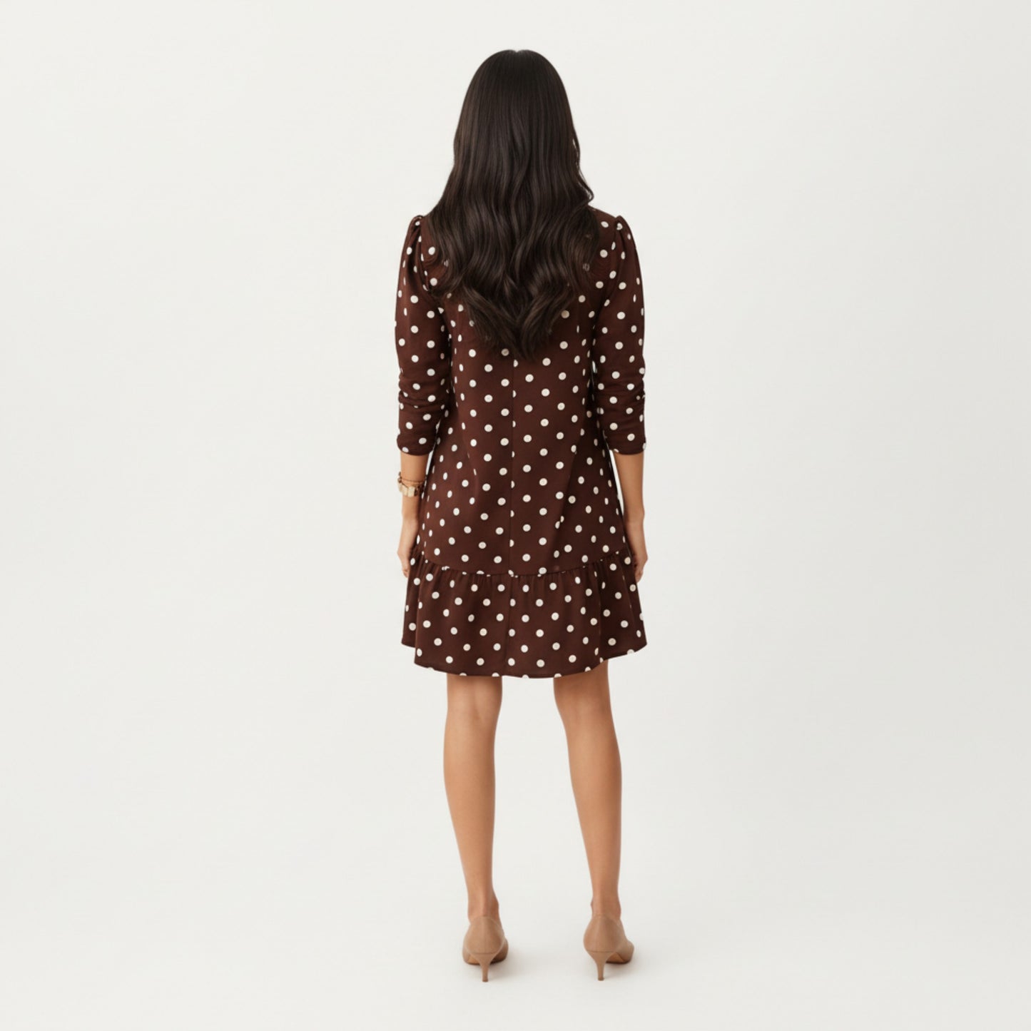 Long Sleeve Polka Dot Mini Dress with Round Neckline and Ruffled Hem Detail