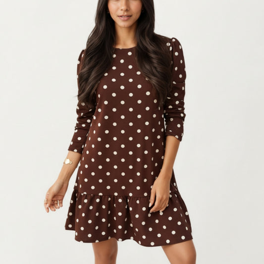 Long Sleeve Polka Dot Mini Dress with Round Neckline and Ruffled Hem Detail