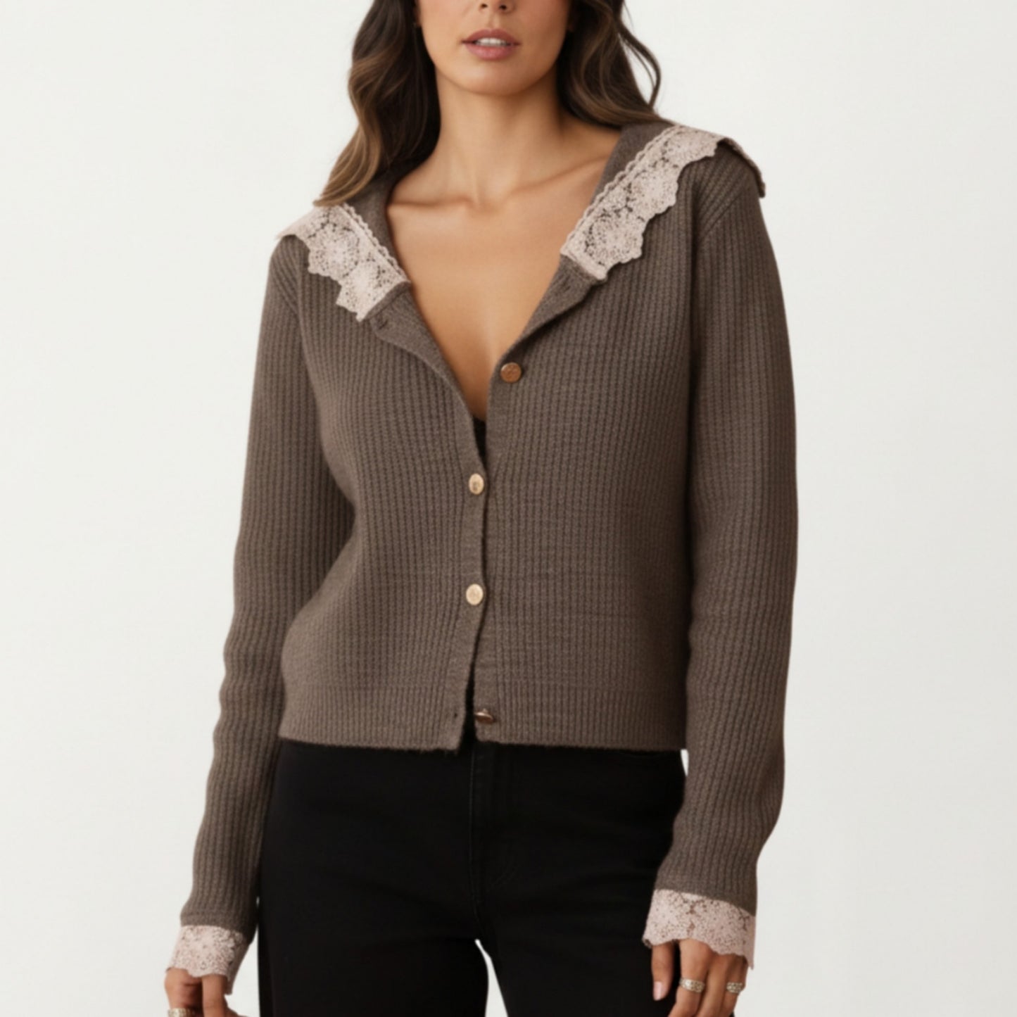 Long Sleeve Ribbed Knit Top with Lace Trim Collar and Button Front Detail