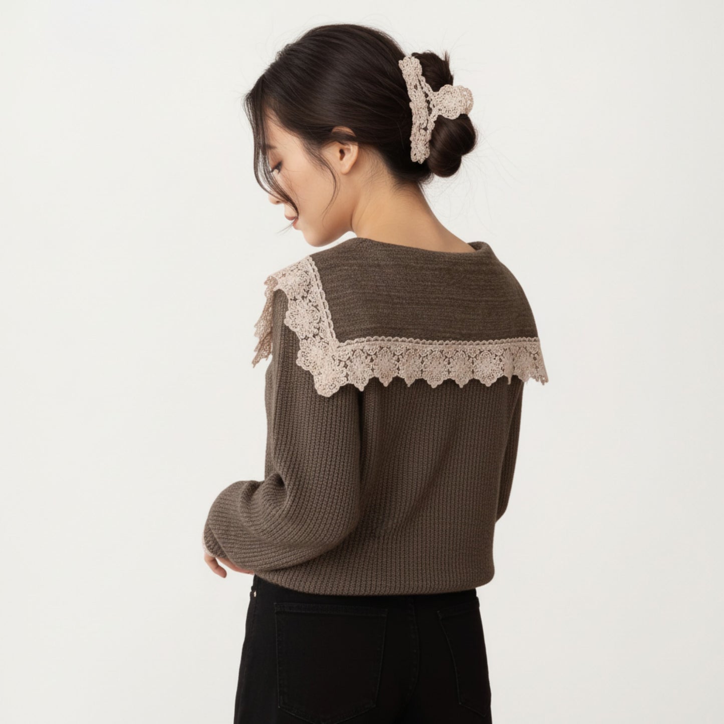 Long Sleeve Ribbed Knit Top with Lace Trim Collar and Button Front Detail