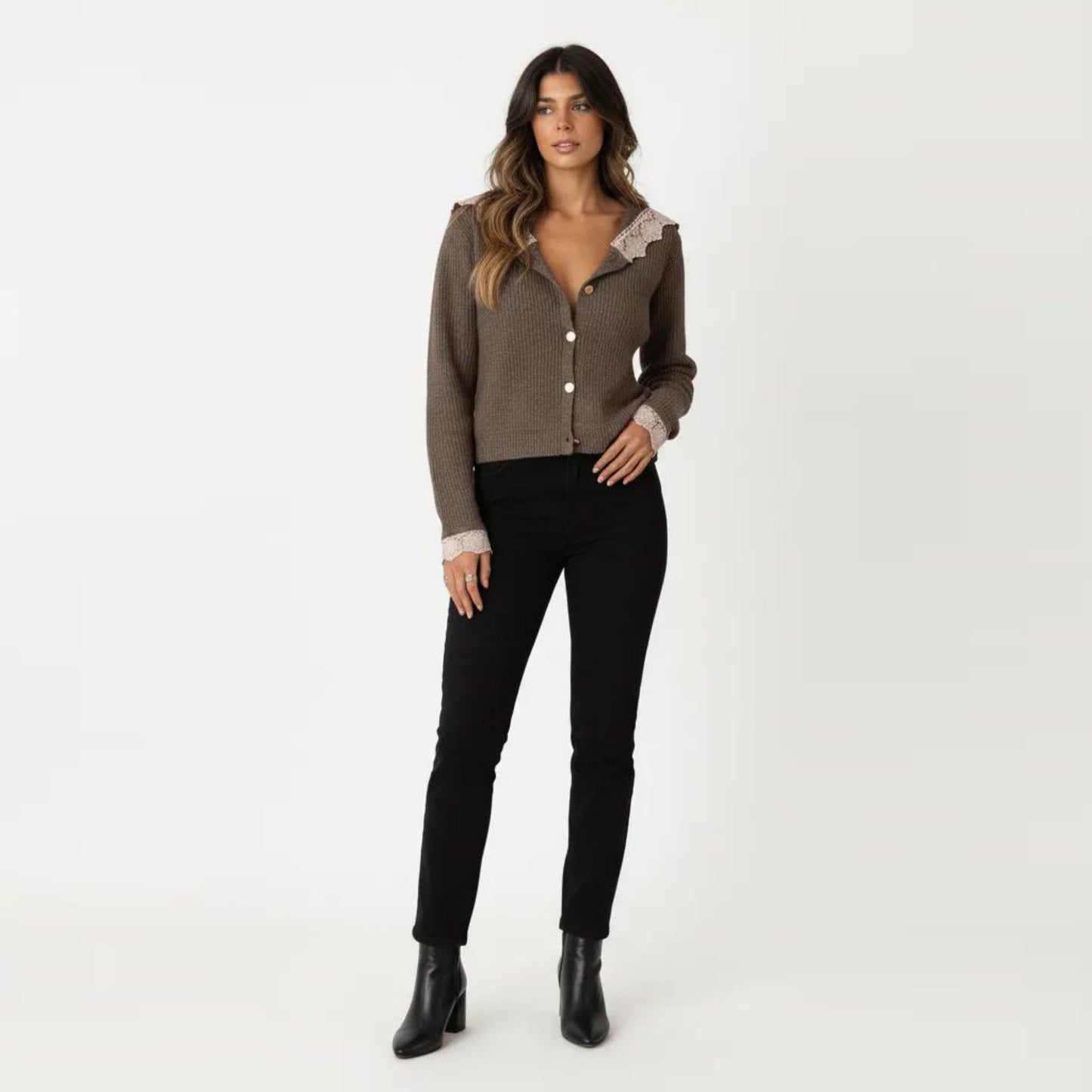 Long Sleeve Ribbed Knit Top with Lace Trim Collar and Button Front Detail