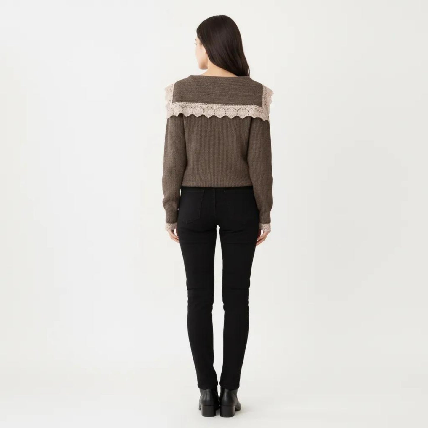 Long Sleeve Ribbed Knit Top with Lace Trim Collar and Button Front Detail