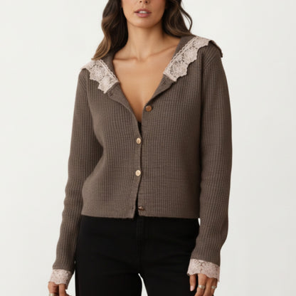 Long Sleeve Ribbed Knit Top with Lace Trim Collar and Button Front Detail