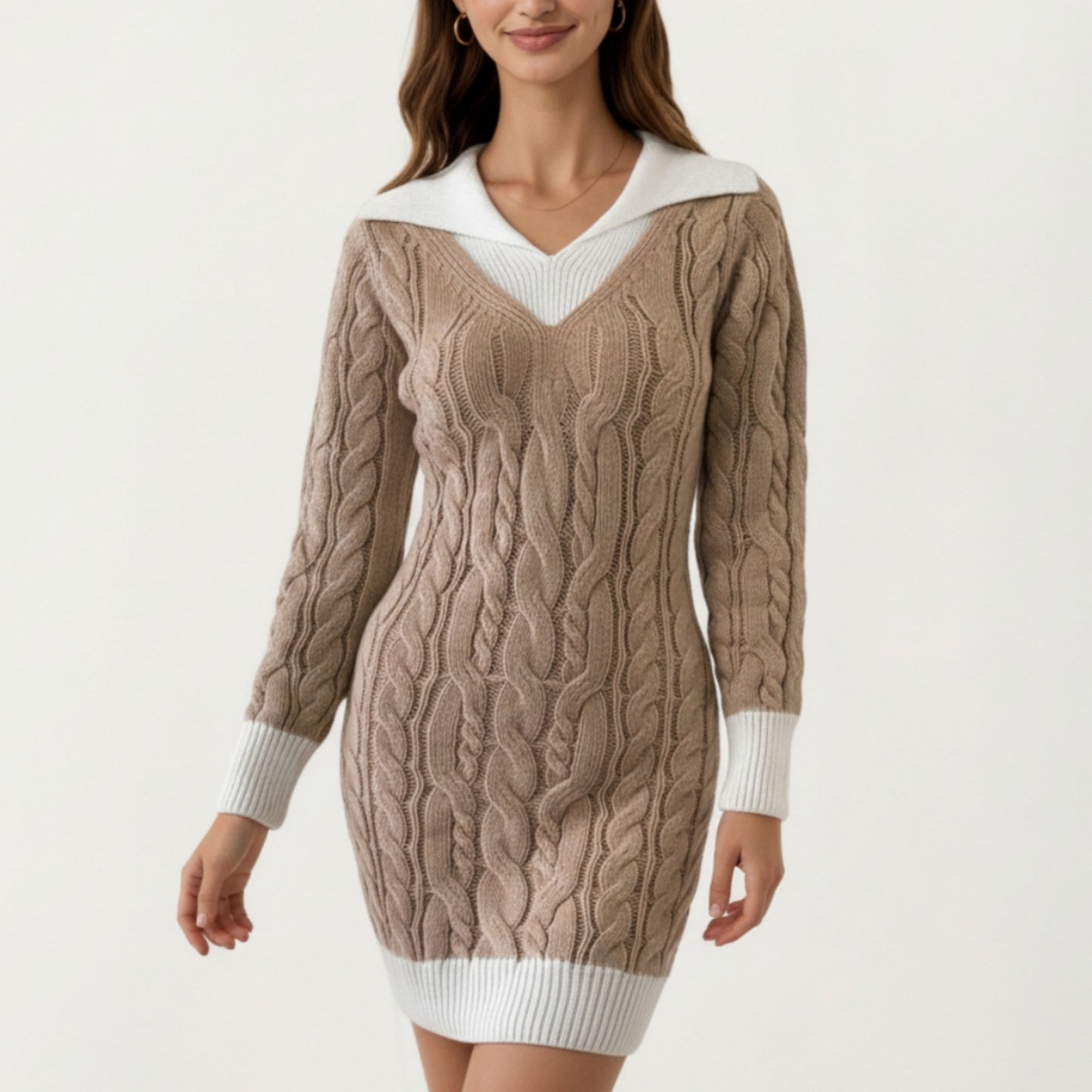 Cable Knit Sweater Dress with V Neck Collar Detail and Long Sleeves