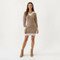 Cable Knit Sweater Dress with V Neck Collar Detail and Long Sleeves