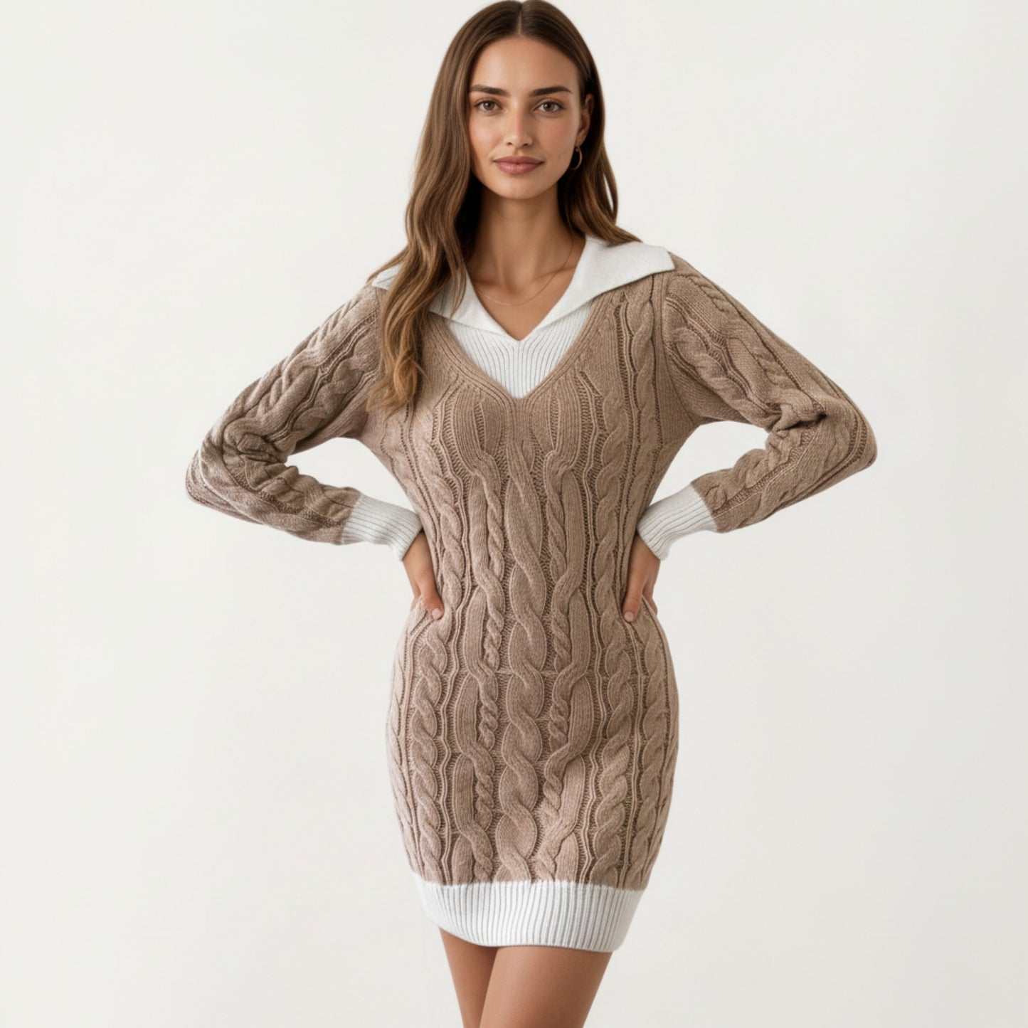 Cable Knit Sweater Dress with V Neck Collar Detail and Long Sleeves