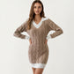 Cable Knit Sweater Dress with V Neck Collar Detail and Long Sleeves