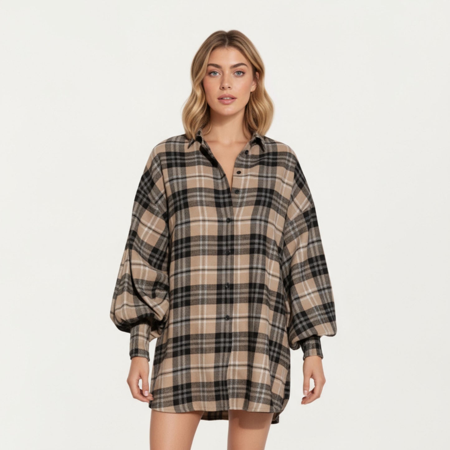 Oversized Plaid Shirt Dress with Long Balloon Sleeves Button Front Collar Detail and Soft Draping Silhouette