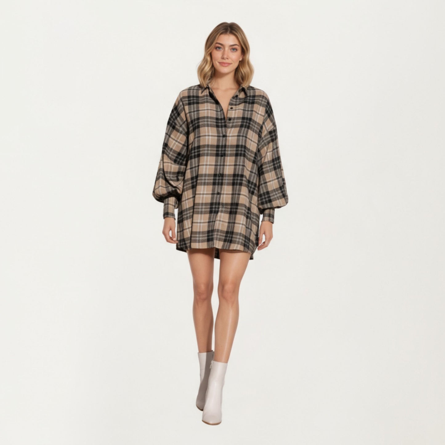 Oversized Plaid Shirt Dress with Long Balloon Sleeves Button Front Collar Detail and Soft Draping Silhouette