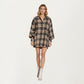 Oversized Plaid Shirt Dress with Long Balloon Sleeves Button Front Collar Detail and Soft Draping Silhouette