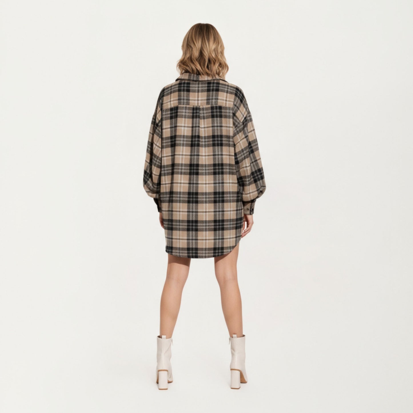 Oversized Plaid Shirt Dress with Long Balloon Sleeves Button Front Collar Detail and Soft Draping Silhouette
