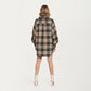 Oversized Plaid Shirt Dress with Long Balloon Sleeves Button Front Collar Detail and Soft Draping Silhouette
