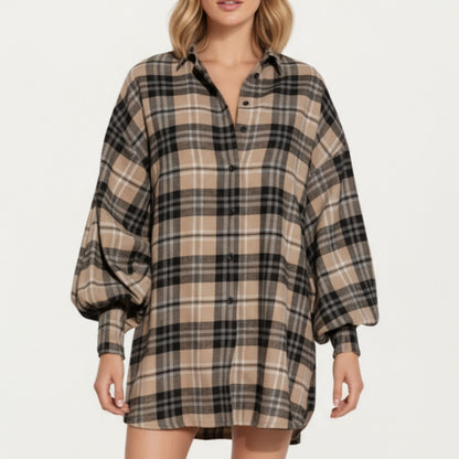 Oversized Plaid Shirt Dress with Long Balloon Sleeves Button Front Collar Detail and Soft Draping Silhouette