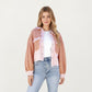 Textured Waffle Knit and Denim Contrast Jacket with Frayed Trim Long Balloon Sleeves and Layering Silhouette
