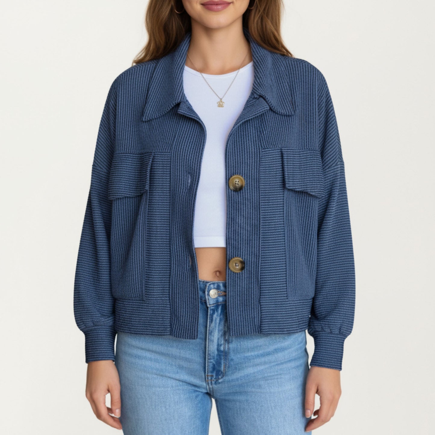 Textured Knit Button Front Jacket with Long Sleeves Oversized Chest Pockets Structured Hem and Everyday Silhouette