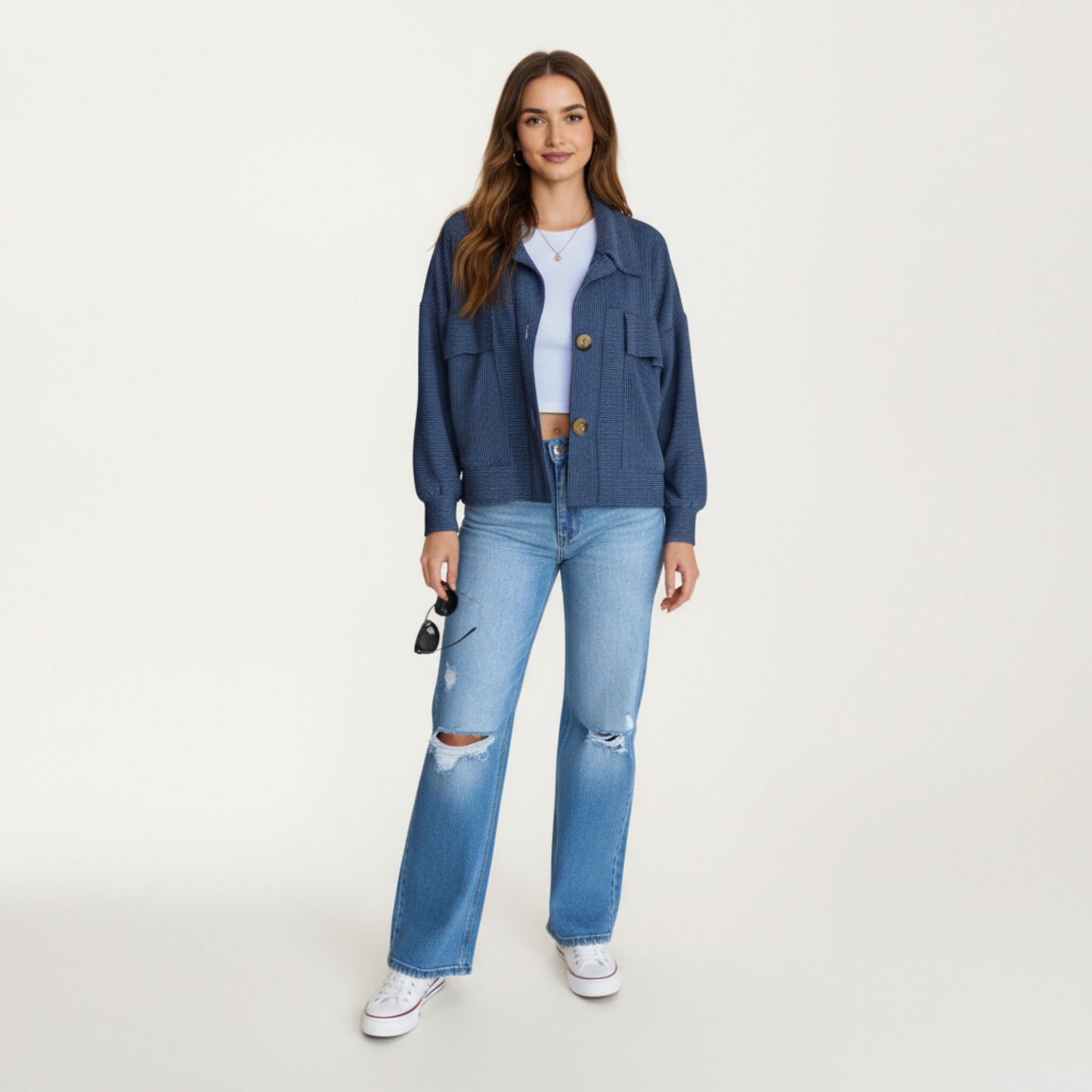 Textured Knit Button Front Jacket with Long Sleeves Oversized Chest Pockets Structured Hem and Everyday Silhouette