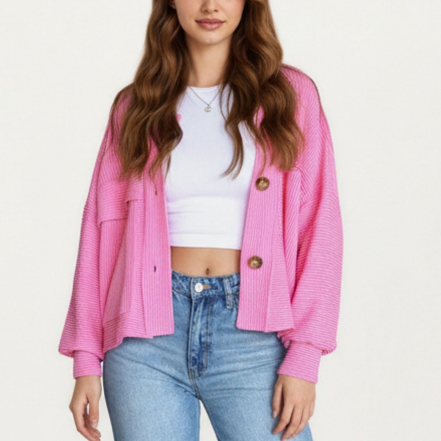 Textured Knit Button Front Jacket with Long Sleeves Oversized Chest Pockets Structured Hem and Everyday Silhouette