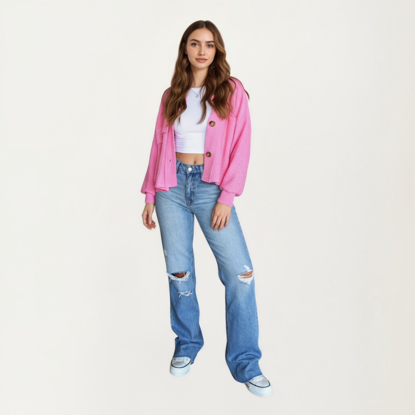 Textured Knit Button Front Jacket with Long Sleeves Oversized Chest Pockets Structured Hem and Everyday Silhouette