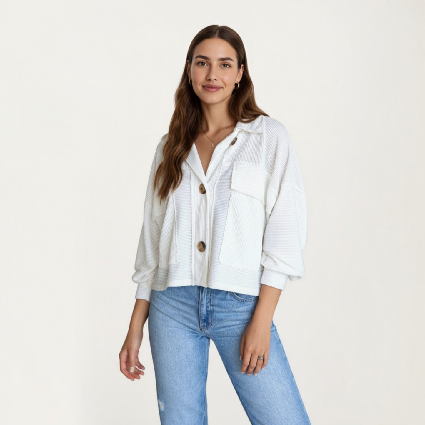 Textured Knit Button Front Jacket with Long Sleeves Oversized Chest Pockets Structured Hem and Everyday Silhouette