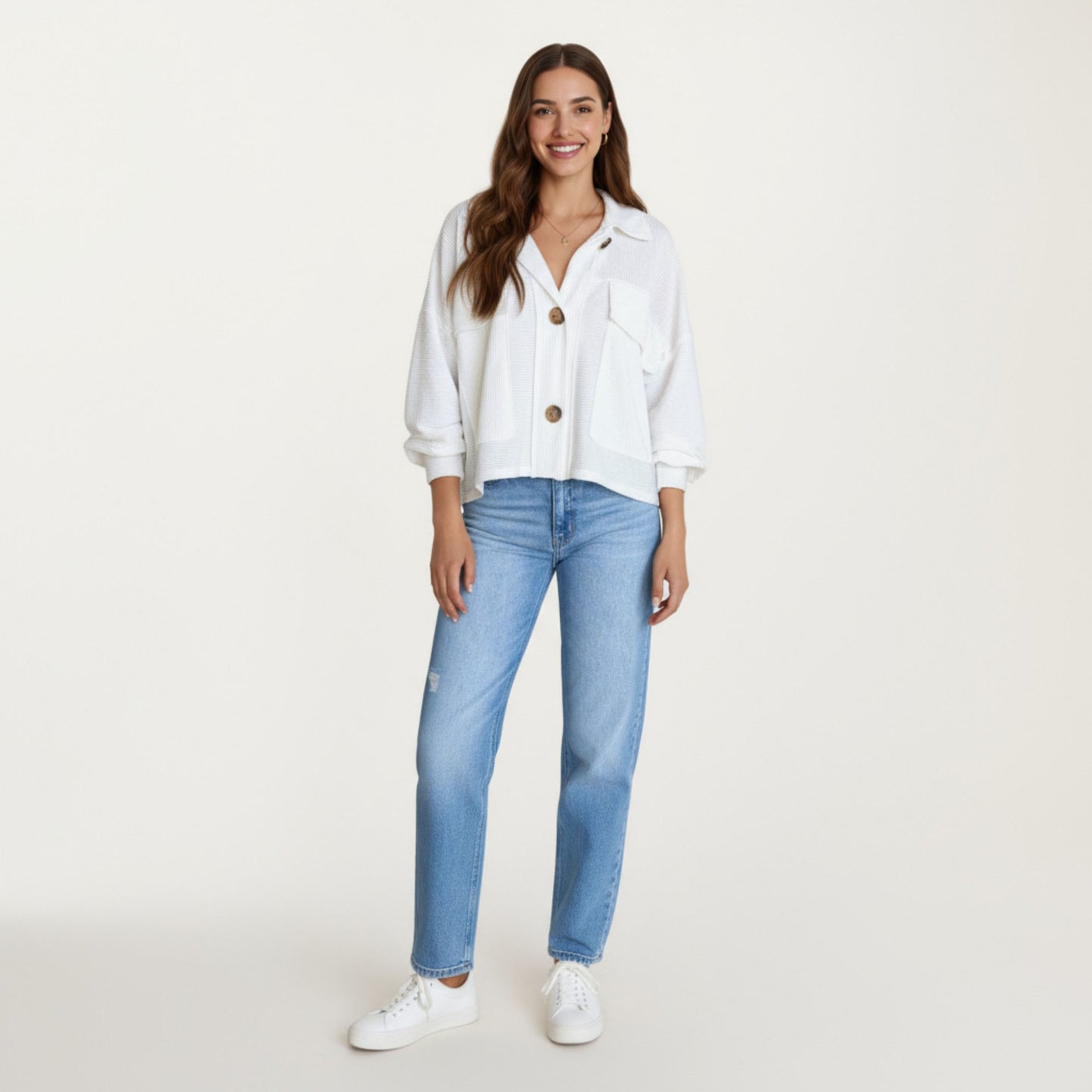 Textured Knit Button Front Jacket with Long Sleeves Oversized Chest Pockets Structured Hem and Everyday Silhouette