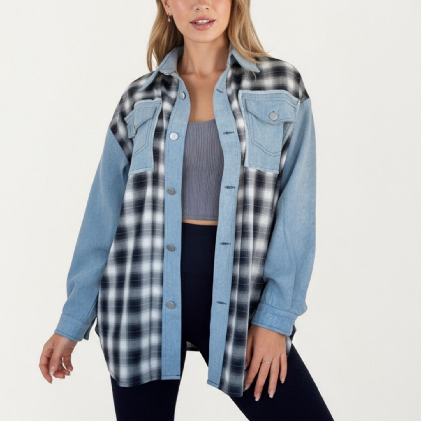 Denim and Plaid Contrast Shacket with Snap Button Front Oversized Chest Pockets and Layering Silhouette
