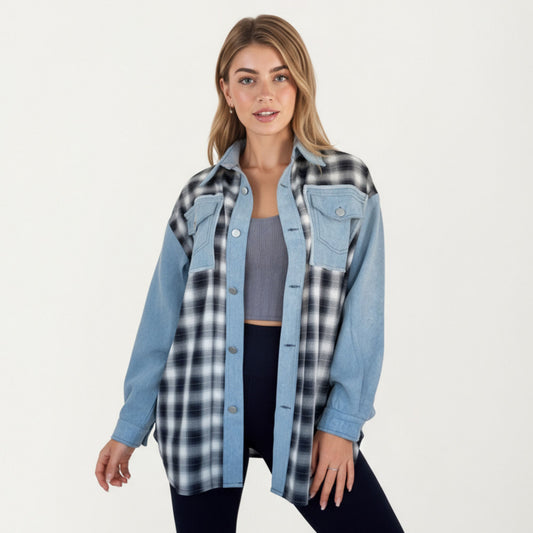 Denim and Plaid Contrast Shacket with Snap Button Front Oversized Chest Pockets and Layering Silhouette