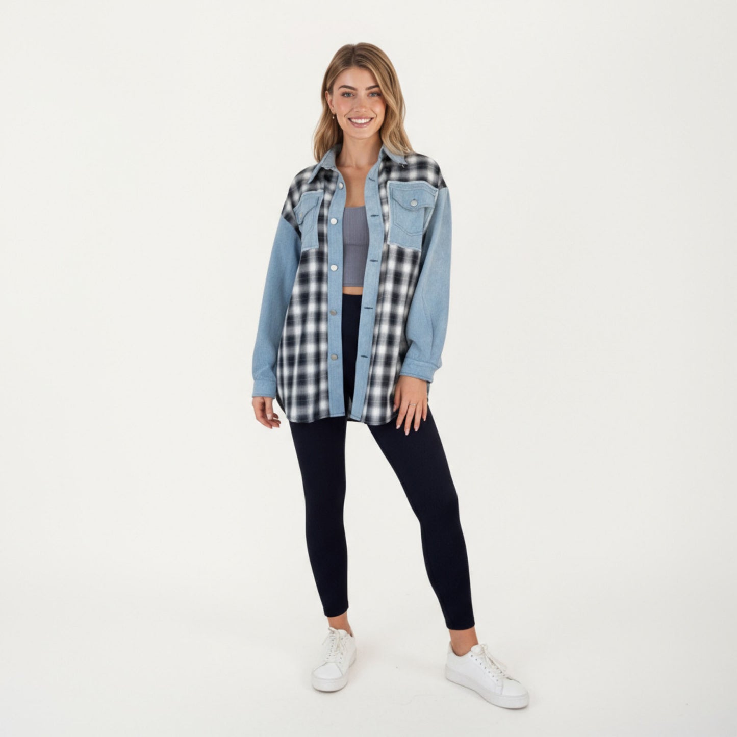 Denim and Plaid Contrast Shacket with Snap Button Front Oversized Chest Pockets and Layering Silhouette