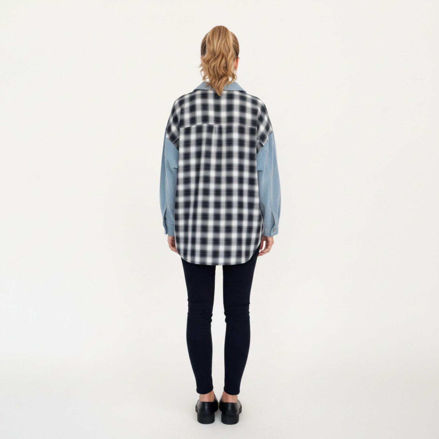 Denim and Plaid Contrast Shacket with Snap Button Front Oversized Chest Pockets and Layering Silhouette