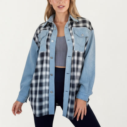 Denim and Plaid Contrast Shacket with Snap Button Front Oversized Chest Pockets and Layering Silhouette