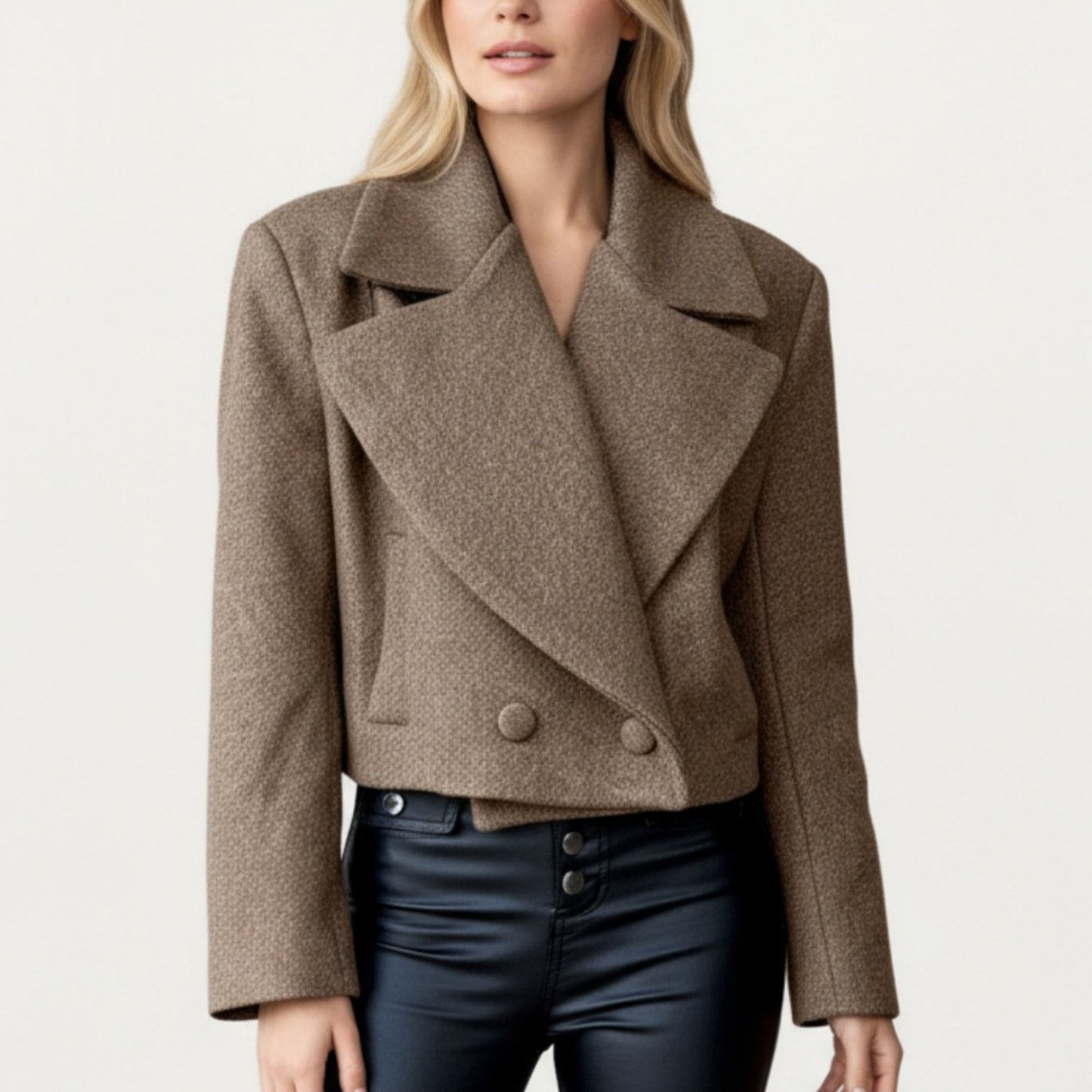 Cropped Double-Breasted Jacket with Oversized Lapel Collar Structured Long Sleeves and Clean Tailored Silhouette