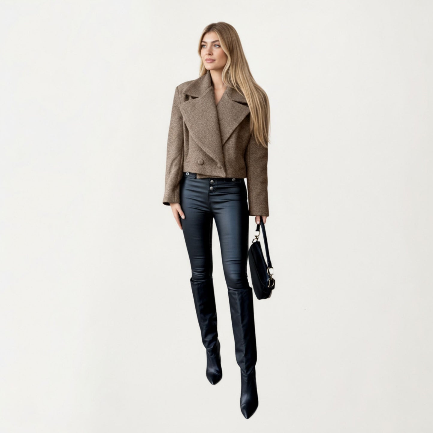 Cropped Double-Breasted Jacket with Oversized Lapel Collar Structured Long Sleeves and Clean Tailored Silhouette