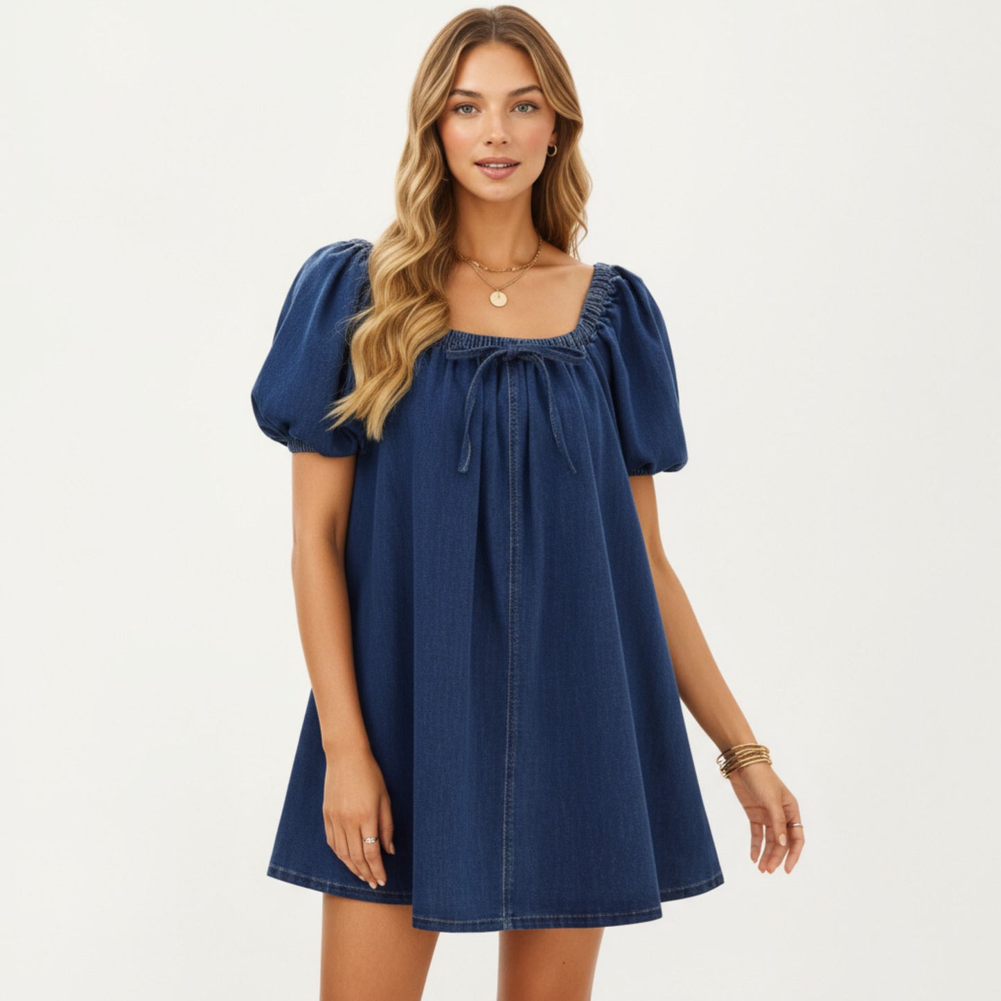 Puff Sleeve Denim Babydoll Dress with Square Neckline Adjustable Front Tie Detail and Soft A-Line Silhouette