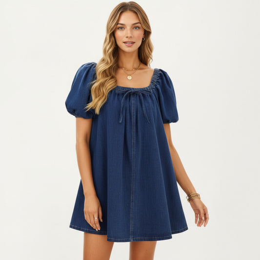 Puff Sleeve Denim Babydoll Dress with Square Neckline Adjustable Front Tie Detail and Soft A-Line Silhouette