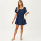 Puff Sleeve Denim Babydoll Dress with Square Neckline Adjustable Front Tie Detail and Soft A-Line Silhouette