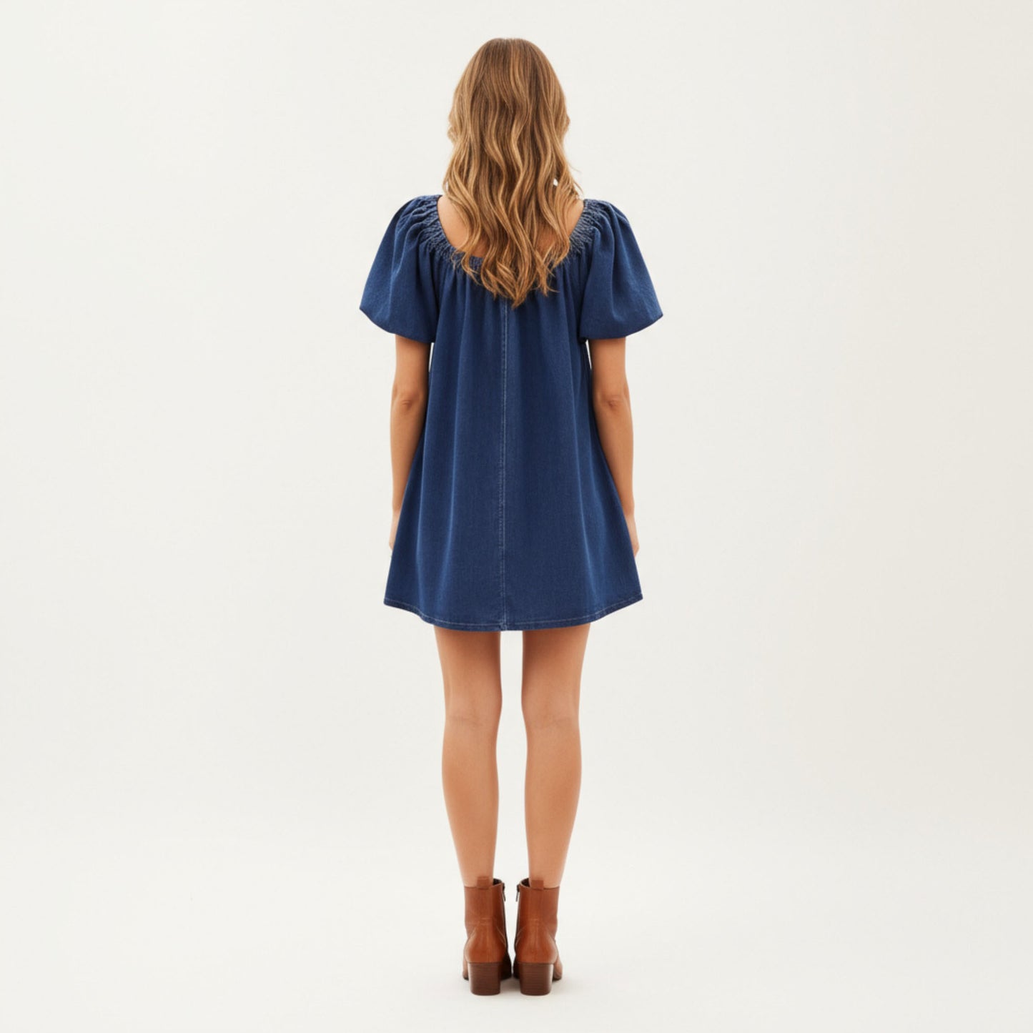Puff Sleeve Denim Babydoll Dress with Square Neckline Adjustable Front Tie Detail and Soft A-Line Silhouette