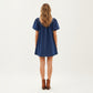 Puff Sleeve Denim Babydoll Dress with Square Neckline Adjustable Front Tie Detail and Soft A-Line Silhouette