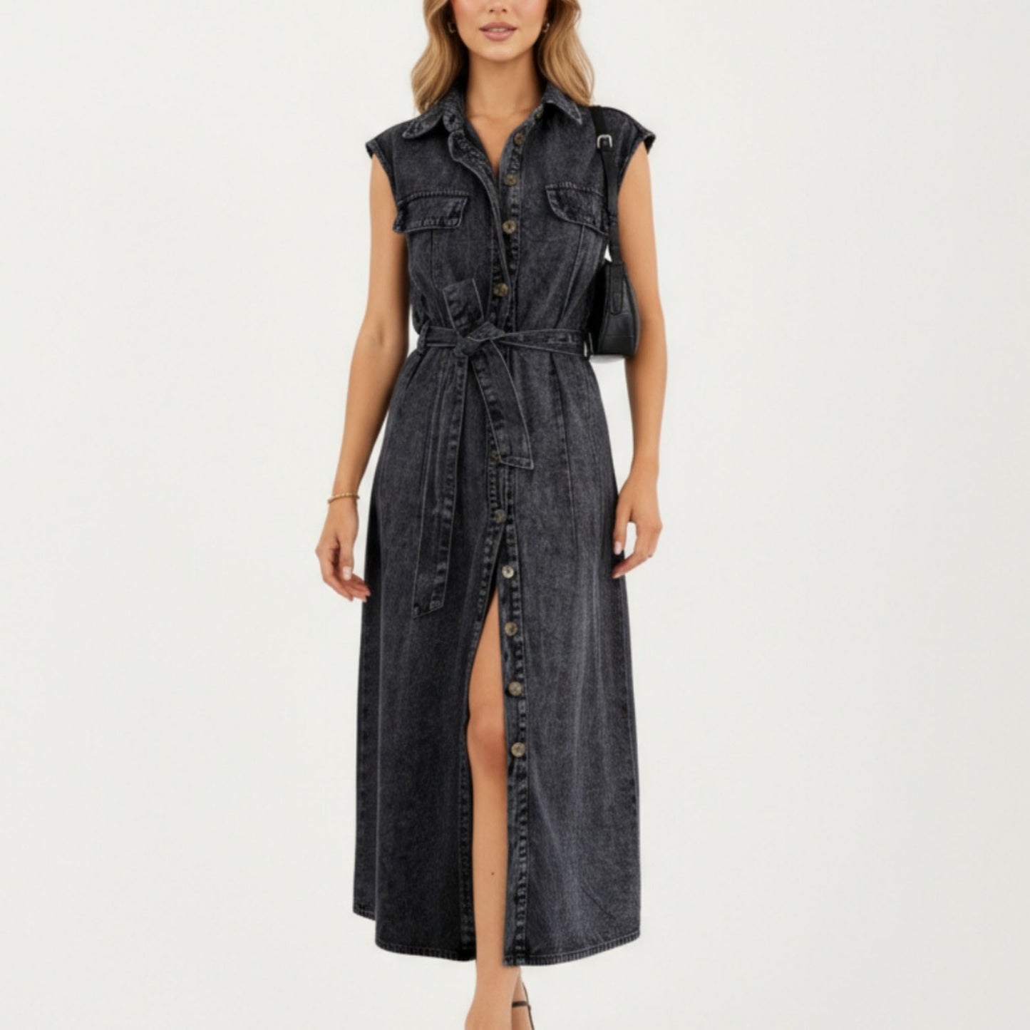Button Front Denim Maxi Dress with Adjustable Waist Tie Structured Collar Detail and Front Slit Accent