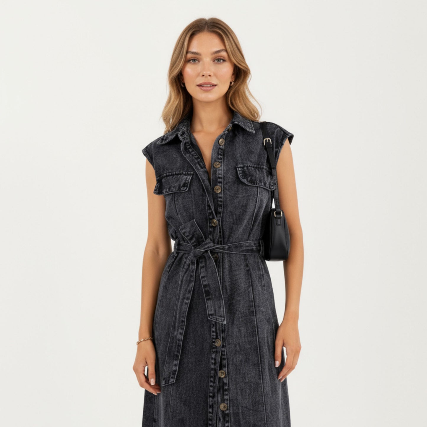 Button Front Denim Maxi Dress with Adjustable Waist Tie Structured Collar Detail and Front Slit Accent