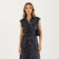 Button Front Denim Maxi Dress with Adjustable Waist Tie Structured Collar Detail and Front Slit Accent