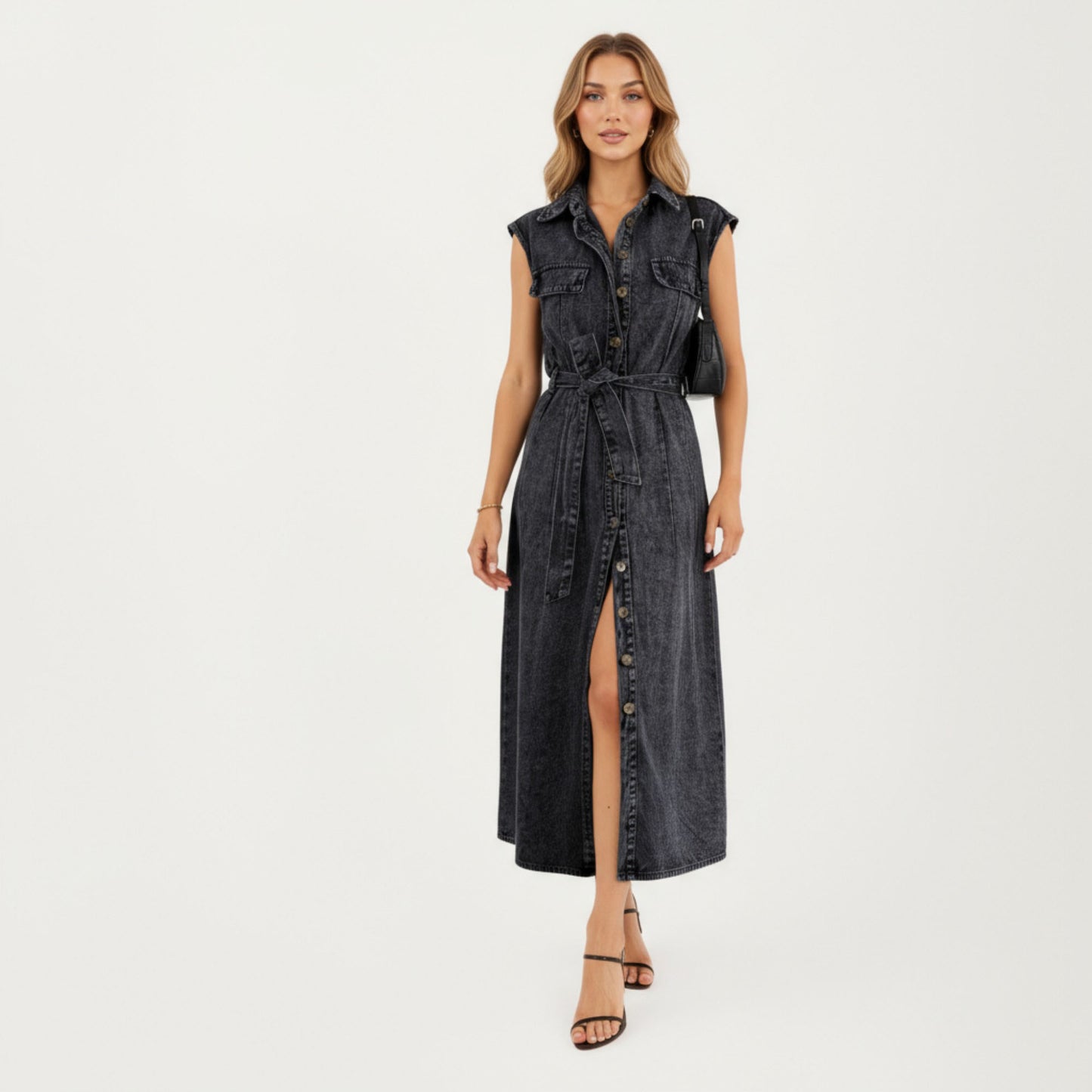 Button Front Denim Maxi Dress with Adjustable Waist Tie Structured Collar Detail and Front Slit Accent