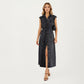 Button Front Denim Maxi Dress with Adjustable Waist Tie Structured Collar Detail and Front Slit Accent