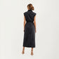 Button Front Denim Maxi Dress with Adjustable Waist Tie Structured Collar Detail and Front Slit Accent