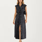 Button Front Denim Maxi Dress with Adjustable Waist Tie Structured Collar Detail and Front Slit Accent