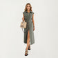 Button Front Denim Maxi Dress with Adjustable Waist Tie Structured Collar Detail and Front Slit Accent