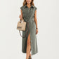 Button Front Denim Maxi Dress with Adjustable Waist Tie Structured Collar Detail and Front Slit Accent
