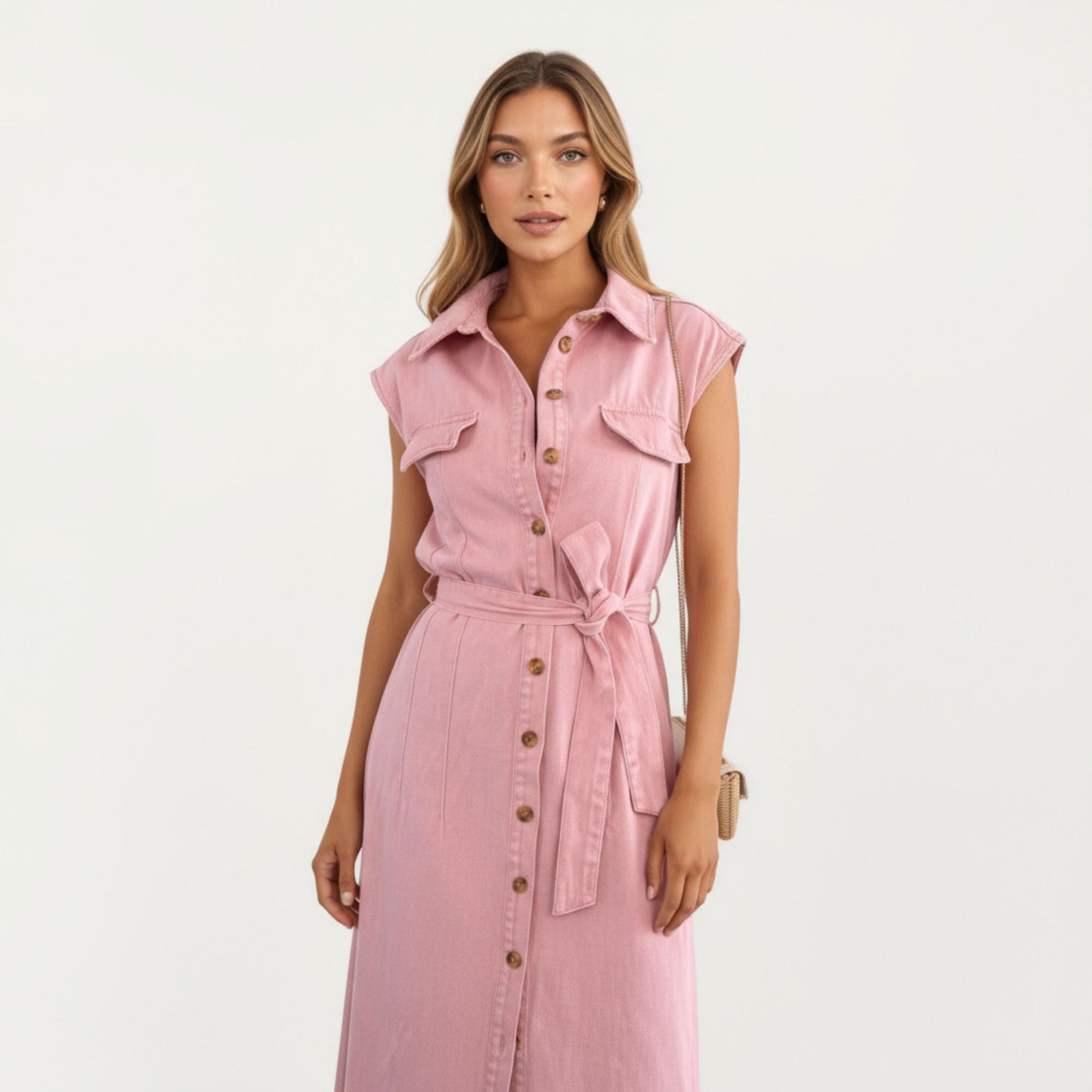 Button Front Denim Maxi Dress with Adjustable Waist Tie Structured Collar Detail and Front Slit Accent