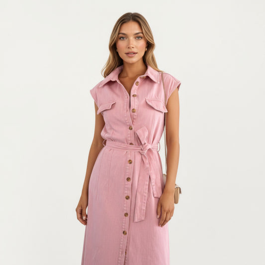 Button Front Denim Maxi Dress with Adjustable Waist Tie Structured Collar Detail and Front Slit Accent